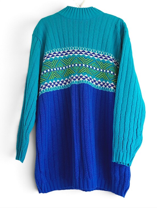 Other - 80s Teal & Royal Blue Nordic Knit Sweater Retro Cable Knit Colorblock Ski Winter